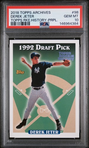 2018 TOPPS ARCHIVES TOPPS ROOKIE HISTORY PURPLE #98 DEREK JETER 55/150 PSA 10