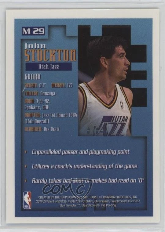 1995-96 Topps Finest Mystery Finest Borderless/Silver John Stockton #M29 HOF - Image 2 of 2