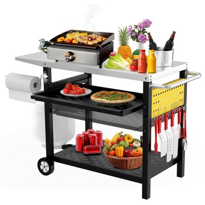 Outdoor Grill Cart with Pegboard, 3-Shelf Pizza Oven Table with Drawer, Stain...