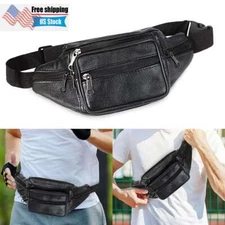 Genuine Leather Fanny Pack Multi Zippered Waist Bag Hip Belt Purse Pouch Black