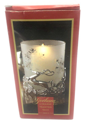 Gorham Silver plated Reindeer Holiday Hurricane Votive Candle Holder 