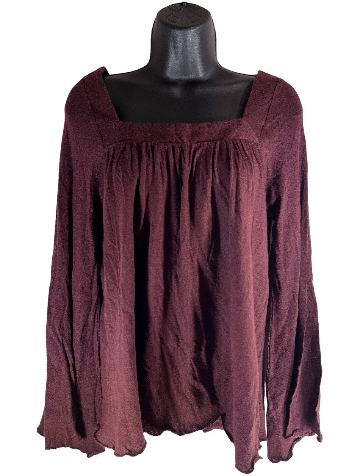 CHASER Blouse Sz M Maroon Square Neck Long Sleeve Pleated Bell Sleeve Cotton Top
