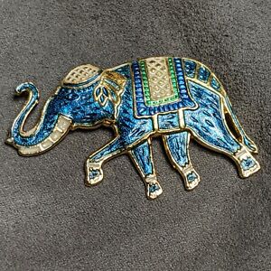 Lovely Vintage WARNER Joseph Warner Jewelry NY Gold Tone Enameling Brown White Green Blue Enamel Good Luck Lucky Elephant Animal Brooch Pin