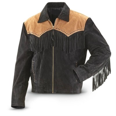 Mens Western Jacket Cream Black Suede Leather Wear Cowboy Fringe