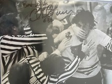 Gord Lane Signed 8x10 Hockey Fight Photo - NHL Capitals Blackhawks Grant Mulvey