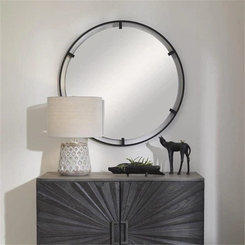 Uttermost Cashel Round Iron Metal and MDF Mirror in Sleek Satin Black - Picture 2 of 7