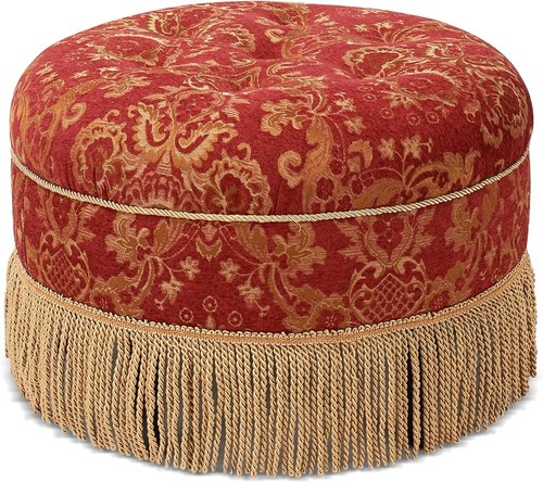 Traditional Cotton Blend Round Ottoman with Fringe - 14"x24" Red Gold - Picture 3 of 9