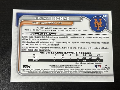 2024 BOWMAN CHROME RHYLAN THOMAS 160/250 VERO VIOLA 1° AUTO CPA-RTH! SC-516 - Foto 2 di 2
