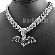 Silver Plated Alloy BAT Pendant Iced Cuban Cubic Zirconia Hip Hop Chain Necklace