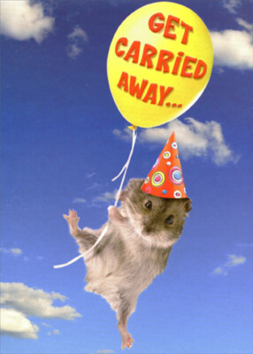 Mouse Floating Under Get Carried Away Balloon Cute Birthday Card