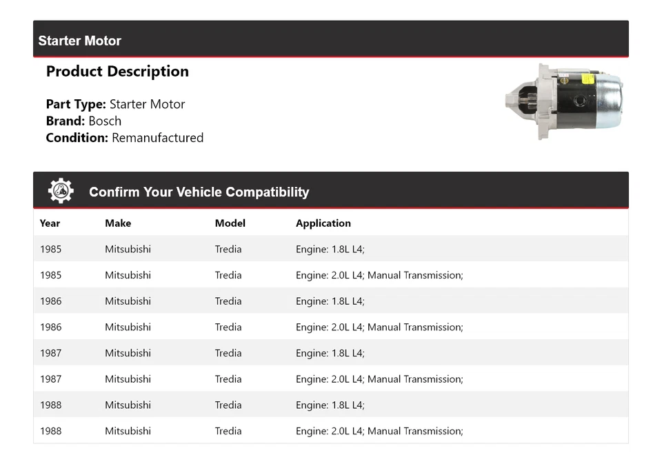 Arranque para Mitsubishi Tredia Bosch 1985-1988 (remanufacturado) 1986 1987 Foto 2 de 4