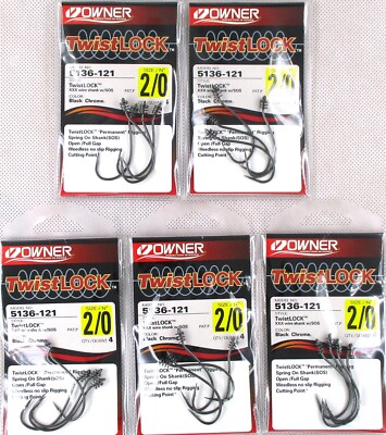 (5) Packs Owner Twistlock Hooks Size 2/0 Black Chrome Hook 5136-121 Brand New