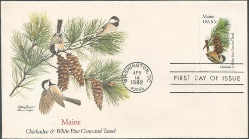 Scott 1971 FDC - 20 cent - 1982 - Maine Chickadee & White Pine - FDOI  Very Fine - Picture 1 of 2