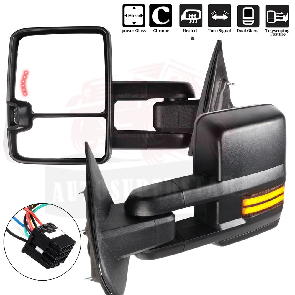 2 X Power Heated Clearance Dynamic LED Signal Towing Mirrors For 14-18 Chevy GMC
