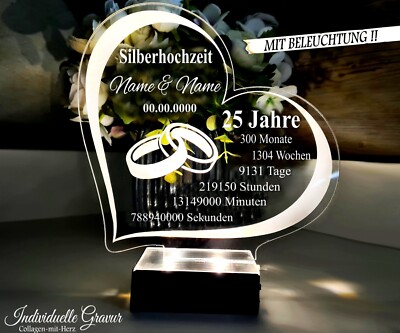 Geschenk Silberhochzeit 25 Silberne Jahre Hochzeitstag Gravur BELEUCHTET LED