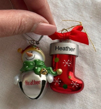 Set of 2 Christmas Ornament Jingle Bell Ganz Snowman Boot Personalized HEATHER