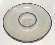 NC Pringle Pottery 13" Chip & Dip Platter Cream w/ Brown and Blue Trim Vintage