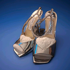 Jimmy Choo Silver Strappy Rhinestone Ankle Strap Open Toe Stiletto 7.5