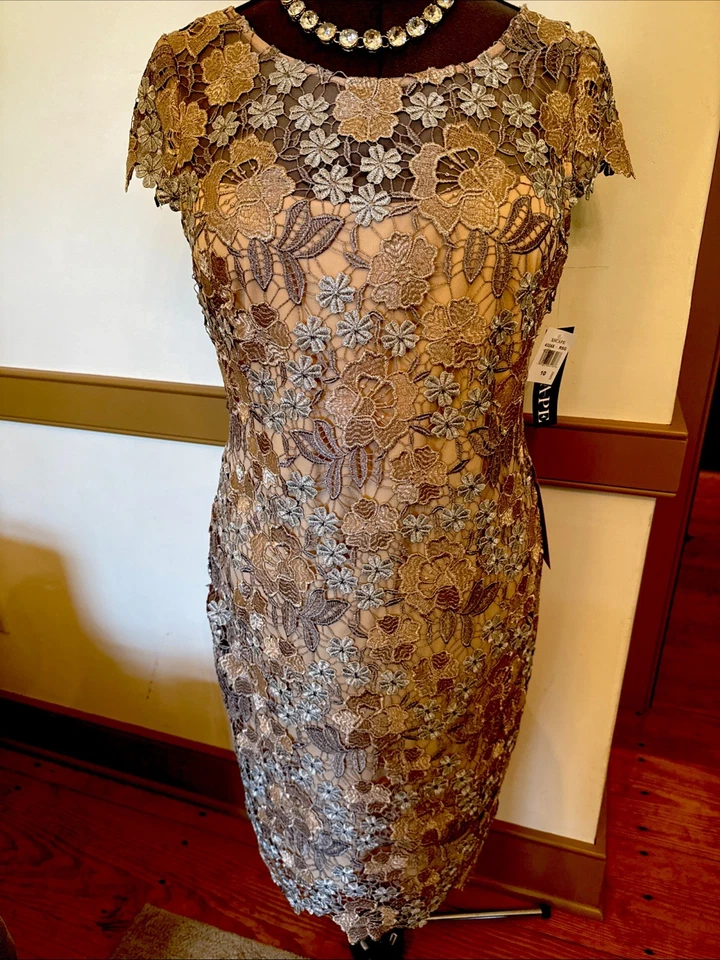 Vestido Xscape Nuevo con Etiquetas Encaje Superpuesto Cremallera Trasera Funda Formal MOB Talla 10 Oro Rosa/Plateado Foto 2 de 4