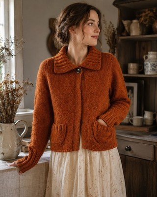 Fisherman Out Of Ireland Wool Cardigan Women s M Orange Sweater Cottagecore