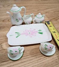 Vintage 10 Piece Miniature Dollhouse Tea Service Set Ceramic Pink Floral Design