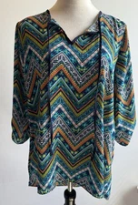 Signature|Studio Women’s Blouse SZ L Tunic Long Roll Tab Sleeve BOHO Multicolor