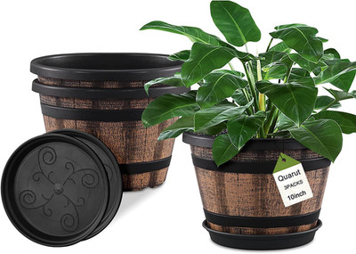 3 Pack 10 Inch Plant Pots,Whiskey Barrel Planters with Drainage Holes & Saucer,
