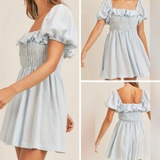 Mable Babydoll Dress Medium Womens Blue Smocked Puff Sleeve Prairie Mini Girly