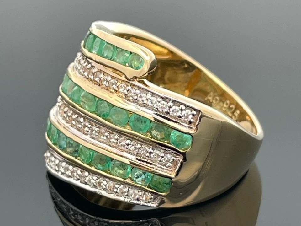 RING GR.19 (CA.60) AUS 925/- SILBER GELBVERG. MIT SMARAGD & ZIRKON SCHMUCKJAGD - Bild 3 von 3