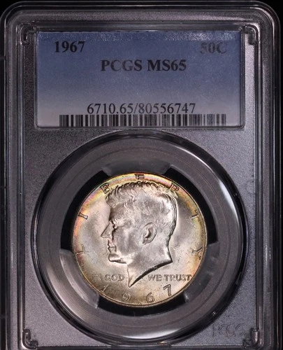 1967 Kennedy Half Dollar PCGS MS65, Rainbow toning obverse, FREE SHIPPING