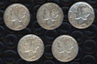 FIVE 90% SILVER MERCURY DIMES ~ FULL DATES ~ SILVER NOW AT RECORD HIGHS