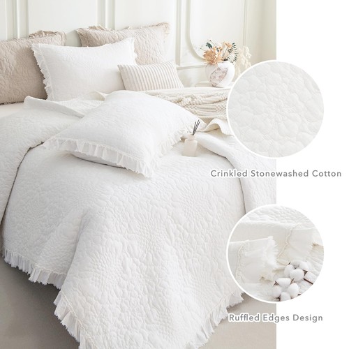 Set Copriletto Trapuntato King Oversize Bianco 3 Pezzi (120"x120"), Cotone Lavato a Pietra R... - Foto 2 di 9