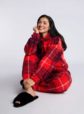 Boux Avenue Lounge Set Women's Check Fluffy Borg Ladies Cosy Casual Loungewear