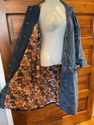 Vintage Corduroy Blue Long Floral BOHO Hippie Trench Parka Coat Jacket XL