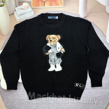 Bid POLO RALPH LAUREN Women s S Bear Sweater Cotton Pullover Black Open Knit