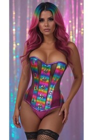 Rainbow Glitter PVC & Black Fishnet Steel Boned Corset Overbust D-Rings & Clasp