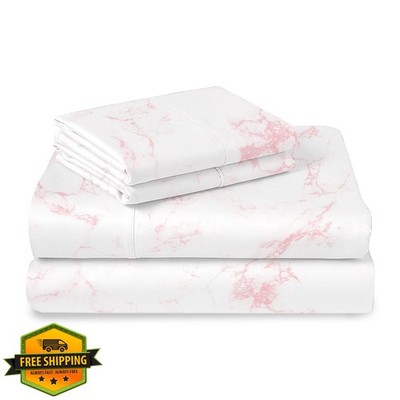 Pizuna Queen Sheet Set Carrara Pink Marble, 100% Cotton 400 TC Sateen 15'' Dee...