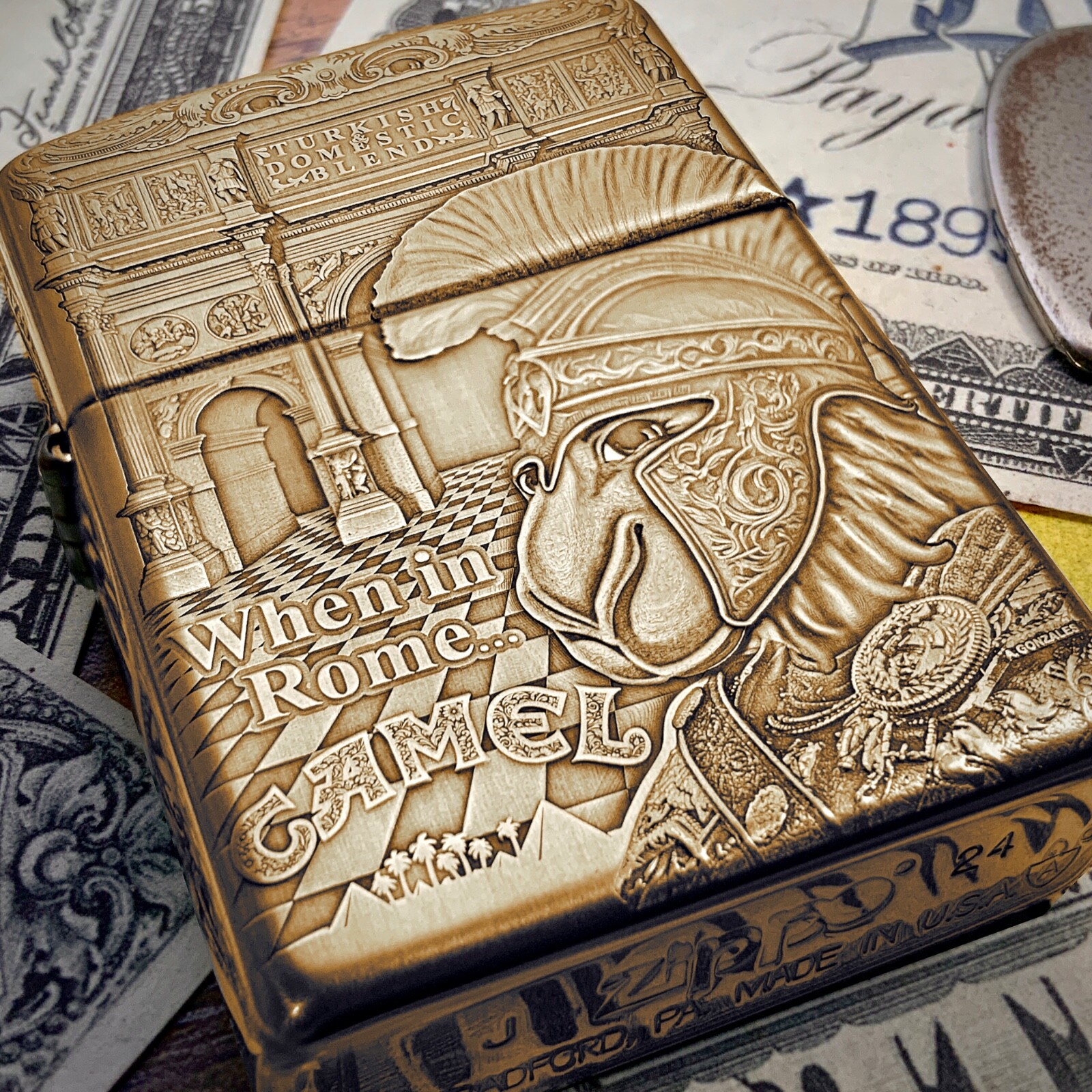 Zippo &ldquo;When in Rome&rdquo; Joe Camel Themed Brass Armor Cigarette Cigar Lighter