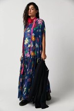 New Free People Mina Maxi Dress Crepe Chiffon Floral Print Short Sleeves Small