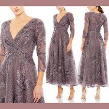 NWT $698 Mac Duggal [ 10 ] Embellished Wrap Over 3/4 Sleeve Midi Dress #G1421