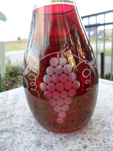 Bohemian Glass Ruby Decanter Grapes Red Genie Bottle Etched Czechoslovakia - Picture 21 of 23