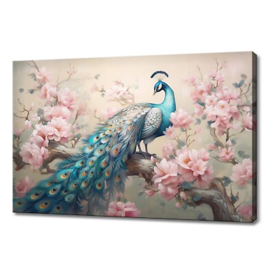 Schöner Pfau Vogel sitzt auf rosa Kirschblütenbaum Leinwandbild Kunst