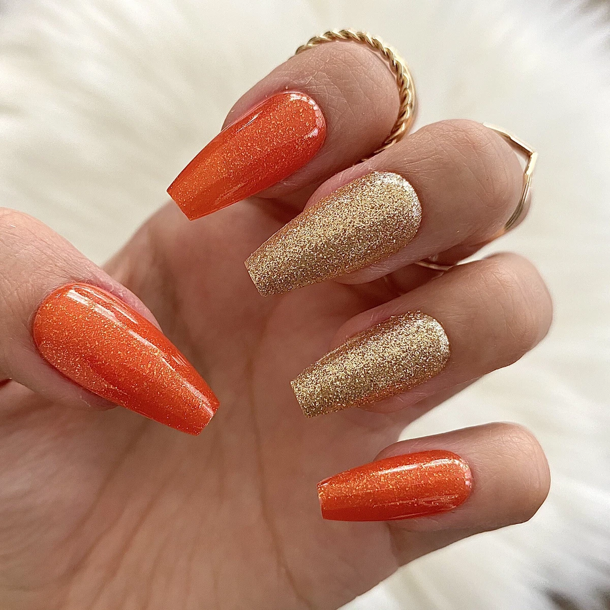 Orange Gold Glitter Glossy Mid Coffin Press On Nails 24 Pc Nail
