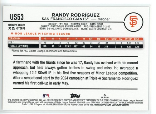 2024 TOPPS UPDATE RANDY RODRIGUEZ #US53 LAMINA D'ORO (RC) - Foto 2 di 2