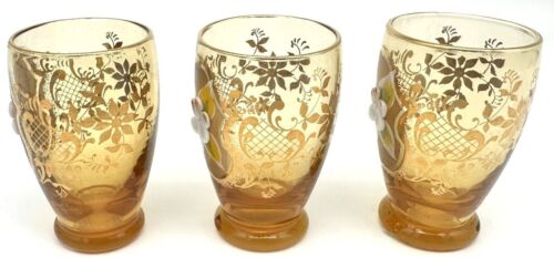 Vintage Bohemian Amber Glasses Set of 3 – Hand Painted Enamel & Gold Gilt - Picture 3 of 5
