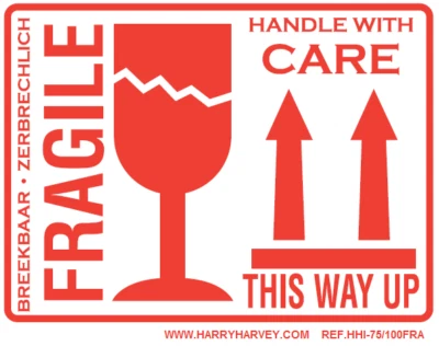 50 Large Fragile This Way Up Handle With Care Stickers Labels 100m x 75mm 4"x3"