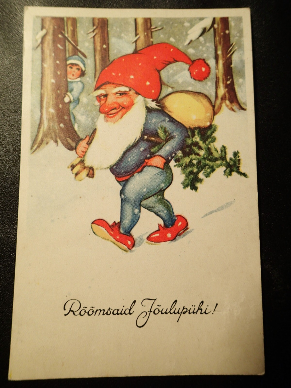 1940-s HAPPY GNOME SNOW CHRISTMAS TREE VINTAGE  POSTCARD ESTONIA ESTONIAN