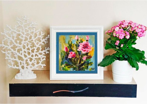 Original Art Pink Roses Handmade Artwork Flowers Exclusive Oil Painting Canvas - Picture 6 of 13