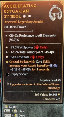 Diablo 4 Season 7 2GA Amulet 23.6% Willpower 3 to Envenom and one random affix