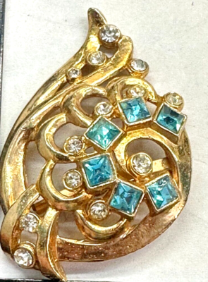 Flower Leaf Clear & Blue Rhinestone LISNER Vintage Pin Brooch J